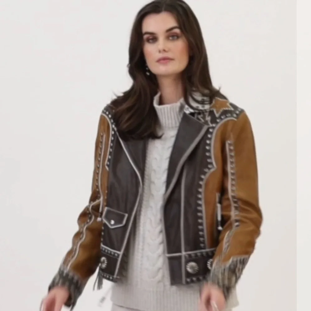 Double D Ranch Leather fringe Jacket studded bucking horse cowgirl RTL $1395 NWT - Picture 3 of 15